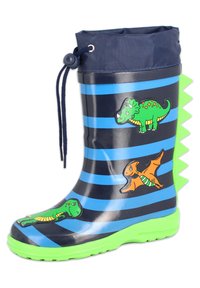 Marine rubberen regenlaars met blauwe strepen, groene dinosaurustransparanten en een groene spikeshakaccent. Beschikt over een trekkoord bovenkant voor aanpassing.