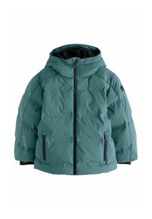 Doudoune bleu sarcelle avec capuche, doublure intérieure noire, fermeture éclair frontale, deux poches latérales zippées et un petit patch sur la manche gauche.