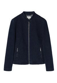 Mörkblå denimjacka med framdragkedja, dragkedjefickor på sidorna, långa ärmar och kort ståkrage.