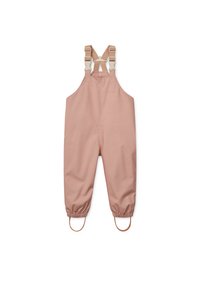 Roze waterdichte overall met verstelbare banden, elastische enkelboorden en rubberen lussen bij de voeten. Glad textuur en minimalistisch ontwerp.