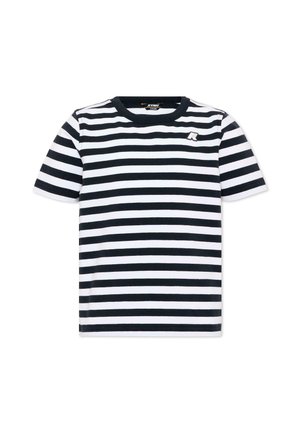 T-shirt à manches courtes avec col rond, rayé horizontal noir et blanc, avec un petit logo sur la poitrine gauche.