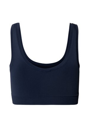 Mørkeblå bralette lavet af et glat, strækbart stof med brede skulderstropper og en ribbet underbånd for støtte.
