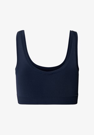 Marineblauwe bralette gemaakt van een gladde, rekbare stof met brede schouderbanden en een geribbeld onderband voor ondersteuning.