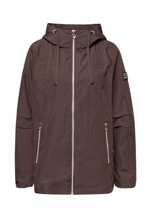 Veste légère marron à capuche avec fermeture éclair à l'avant, poches latérales zippées, cordons de serrage et petit écusson sur la manche gauche.