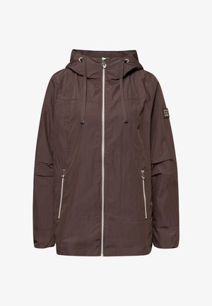 Bruine lichtgewicht jas met capuchon, ritssluiting aan de voorkant, ritssluitingen aan de zijkanten, trekkoorden en een klein embleem op de linkermouw.
