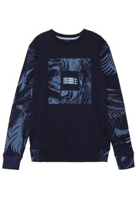Felpa navy con motivi di foglie tropicali blu sulle maniche e sul petto, con il logo "O'Neill" ripetuto tre volte al centro.