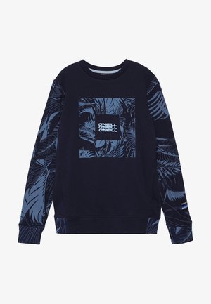 Granatowy sweter z niebieskimi wzorami liści tropikalnych na rękawach i klatce piersiowej, z logo "O'Neill" powtórzonym trzy razy na środku.