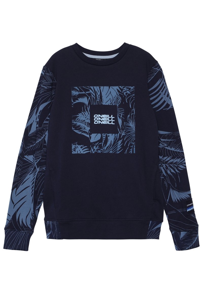 Felpa navy con motivi di foglie tropicali blu sulle maniche e sul petto, con il logo "O'Neill" ripetuto tre volte al centro.