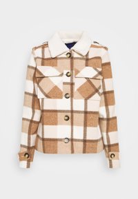 Rutig jacka i kräm, brunt och tan ull, med två bröstfickor, gyllene knappar och en vit shearlingkrage.