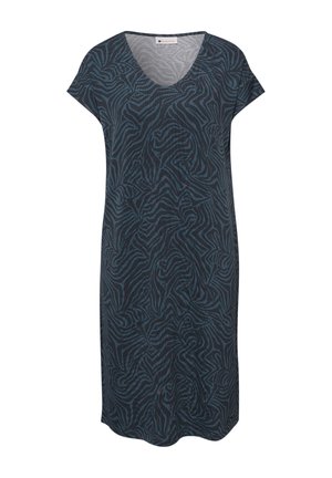 Robe gris foncé jusqu'aux genoux avec des manches courtes et un motif abstrait à rayures ondulées en gris clair, dotée d'un col en V.