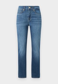 Middelhartige blauwe jeans met een rechte pijpontwerp, voorzien van een knoopsluiting, vijf zakken en lichte vervagingpatronen over de stof.
