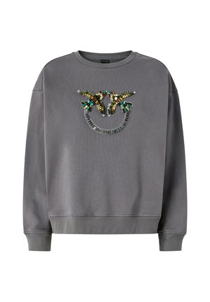 Felpa grigia con scollo rotondo e logo centrale sul petto di un uccello colorato con gioielli, maniche lunghe e polsini e orlo a coste.