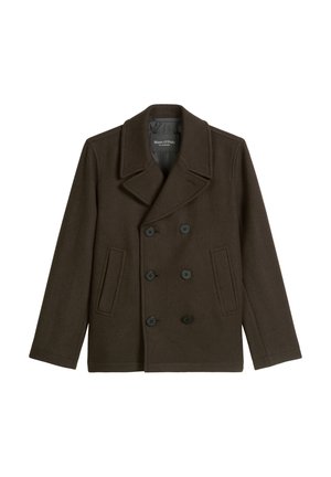 Brauner Wollpeacoat mit doppelt geknöpftem Verschluss, großem Reverskragen, zwei Fronttaschen und glattem Innenfutter.