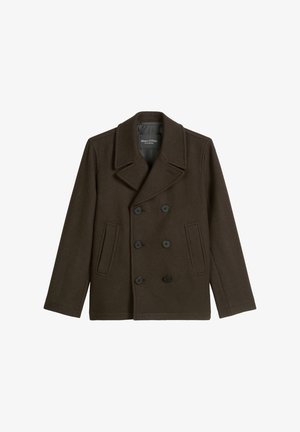 Brown wool peacoat with double-breasted button closure, large notched collar, two front pockets, and a smooth interior lining.