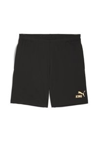 Sorte sportshorts lavet af polyester, med en elastisk talje, sidelommer og et guld Puma-logo med ordet "KING."