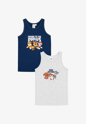 Top senza maniche per bambini, uno blu navy con la scritta “Power to the Paws” e tre cani di Paw Patrol, uno grigio chiaro con la scritta “Paw Patrol” e tre cani diversi.