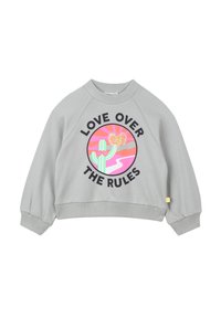 Sweatshirt gris clair avec des poignets et un ourlet côtelés, présentant un design coloré de cactus et de cœur avec le texte : "L'amour avant les règles."
