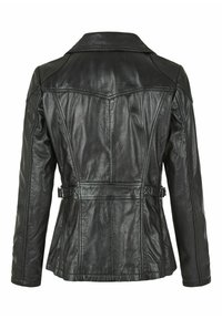 Schwarze Lederjacke mit strukturiertem Design, breitem Kragen, tailliertem Schnitt und Details am Rückenteil. Glatte Textur.