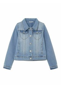 Ljust blå denimjacka med krage, två framfickor med klaff och silvriga knappar. Inkluderar subtila sömnadsdetaljer.