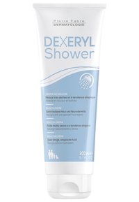 Weiße Plastikflasche von DEXERYL Shower mit blauen Akzenten. Verfügt über einen Klappdeckel, hat ein Volumen von 200 ml und mehrsprachigen Text über Hautpflege.