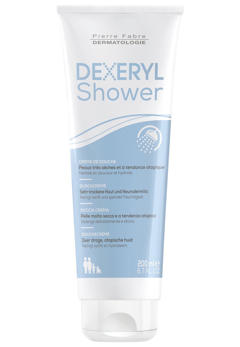 Weiße Plastikflasche von DEXERYL Shower mit blauen Akzenten. Verfügt über einen Klappdeckel, hat ein Volumen von 200 ml und mehrsprachigen Text über Hautpflege.