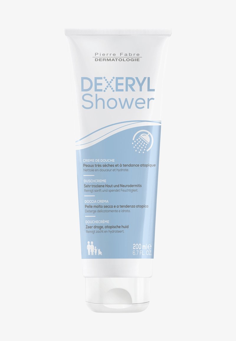 Weiße Plastikflasche von DEXERYL Shower mit blauen Akzenten. Verfügt über einen Klappdeckel, hat ein Volumen von 200 ml und mehrsprachigen Text über Hautpflege.