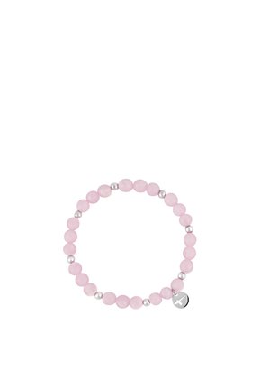 Stretch bracelet with polished round pink beads, small silver spacer beads, and a silver charm featuring a cross symbol.