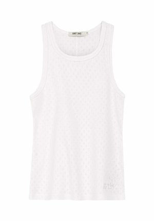 Biały bezrękawnik z delikatnym wzorem diamentowym i okrągłym dekoltem, wszywka z napisem "SRF INC" i rozmiarem medium wewnątrz kołnierzyka.