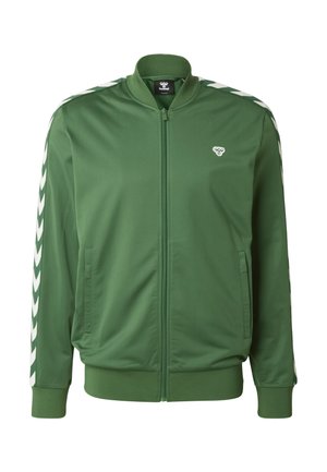 Roheline lukuga jakk, valmistatud siledast kangast, mille varrukatel on valged ševroontriibud ja rinnal väike logo. Kaks küljetaskut.