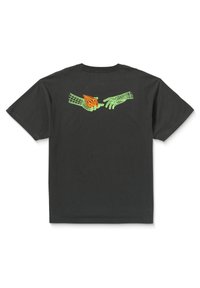 Schwarzes Baumwoll-T-Shirt mit einem Rückendruck von grünen Drahtgitterhänden, die eine orange geometrische Form halten. Mit kurzen Ärmeln und Rundhalsausschnitt.