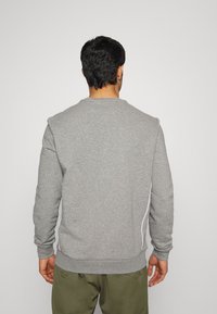 Gray sweatshirt with a crew neck, ribbed cuffs, and hem. Features white side accents and a soft texture. Back view displayed.