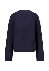 Navy blue knit sweater with a relaxed fit, wide sleeves, and ribbed cuffs. Features a minimalistic design with a slightly cropped length.