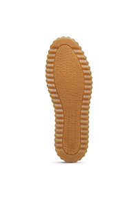 Suola di scarpa in gomma con un motivo testurizzato e ondulato. Il colore è marrone chiaro, con testo in rilievo. Il design include bordi scallop.