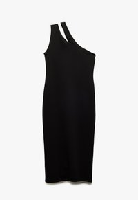 Schwarzes ärmelloses Kleid mit diagonaler Schnittführung und asymmetrischem Schulterdesign. Hergestellt aus glattem, dehnbarem Stoff, taillierte Passform.