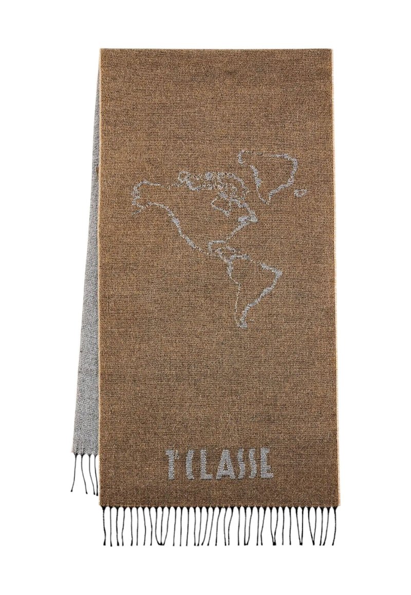 Coperta marrone con una mappa argentata del Nord e del Sud America, bordi frangiati e finitura testurizzata. Testo "T'Classe" in basso.