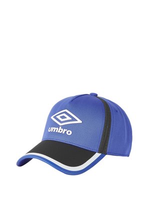 Casquette de sport Umbro bleue et noire avec logo blanc et bordure, texture en mesh et visière incurvée.