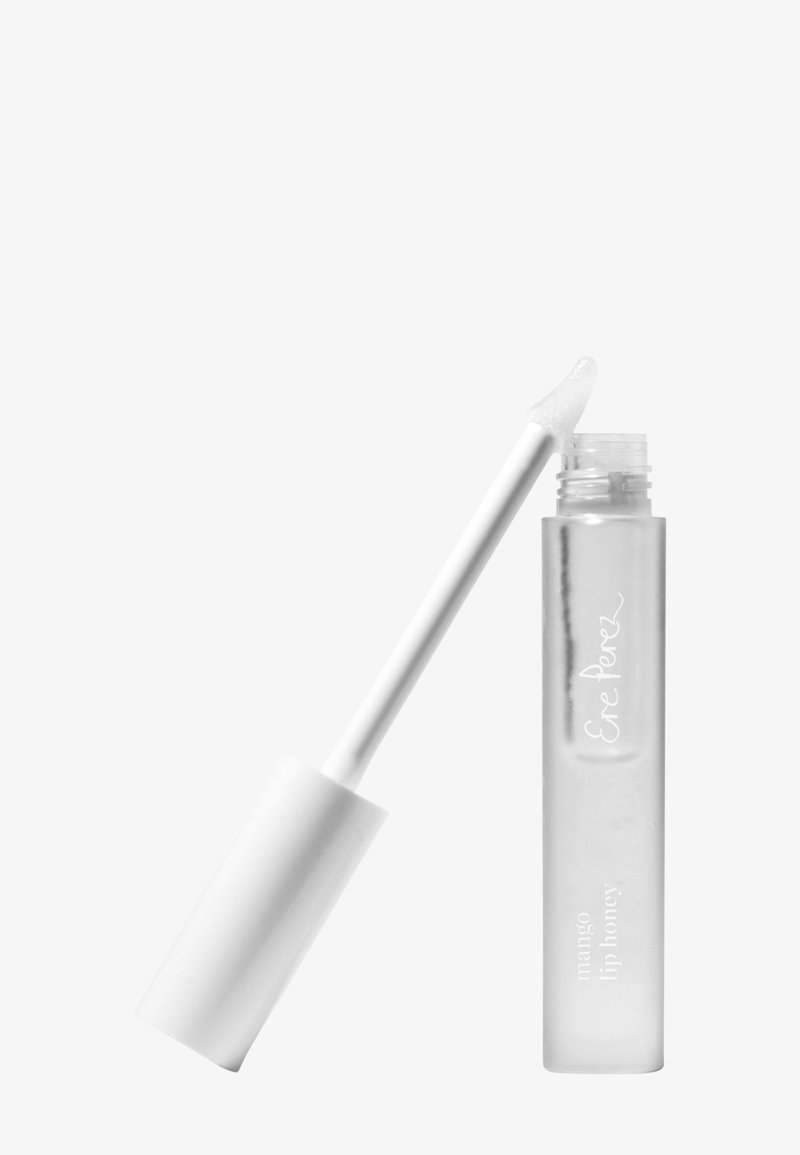 Tube en plastique transparent rempli d'un produit à lèvres brillant, avec un applicateur blanc et étiqueté "Ere Perez Mango Lip Honey".
