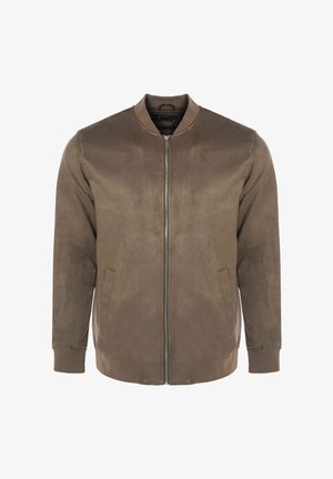 Chaqueta bomber de ante marrón con cremallera frontal, puños acanalados y dos bolsillos laterales. Textura suave y diseño minimalista.