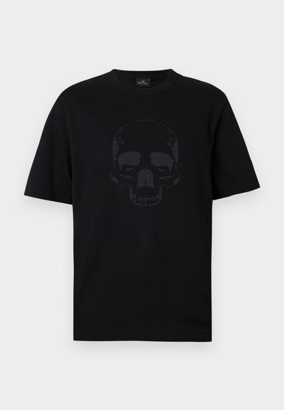 Černé bavlněné tričko s texturovaným designem lebky v světlém odstínu, kulatým výstřihem a krátkými rukávy. Volný střih s minimálním zdobením.