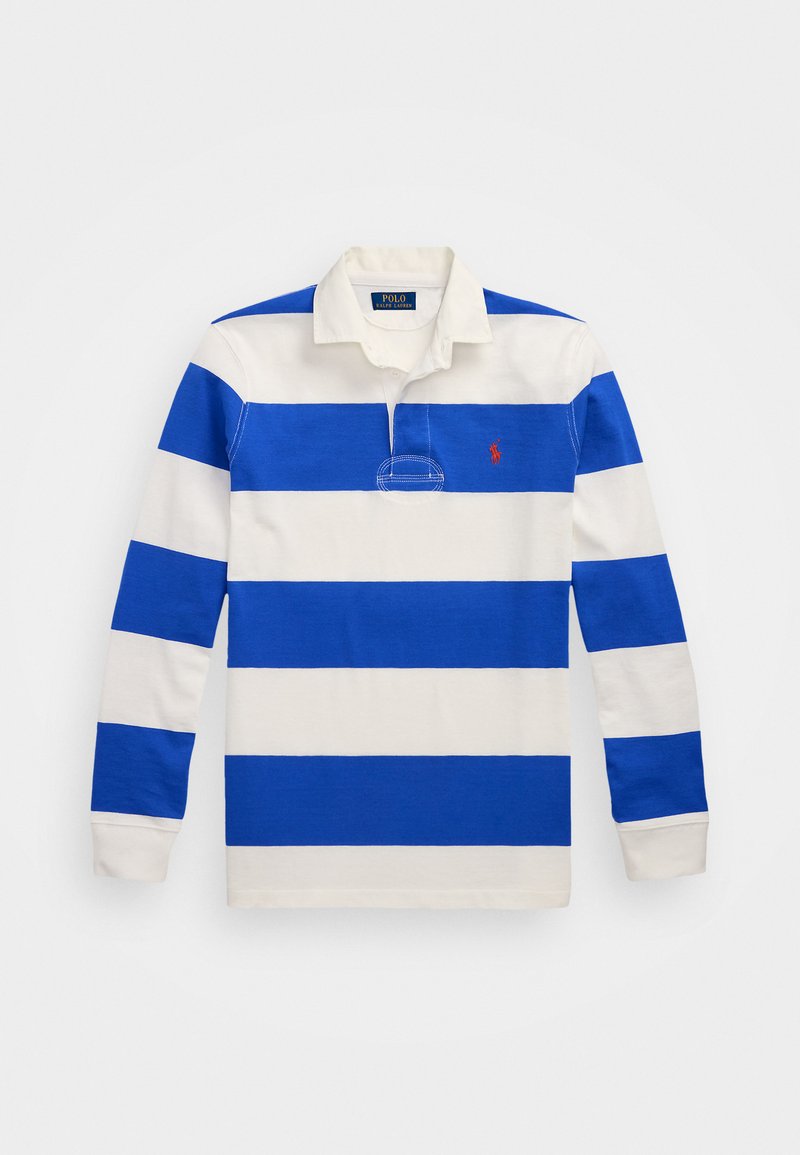 Blå og hvit stripete langermet polo-skjorte med krage, knappestolpe og rødt brodert logo på brystet. Mykt stoff.