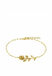Delicada pulsera de oro con un charm de rosa que presenta una flor y hojas detalladas en una fina cadena con cierre ajustable.