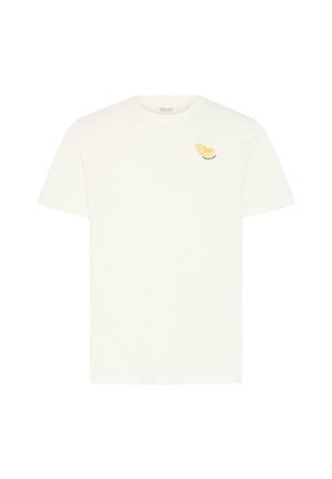 Bílé bavlněné tričko s malým žlutým motivem plátku citronu na levé straně hrudi. Krátké rukávy a kulatý výstřih.