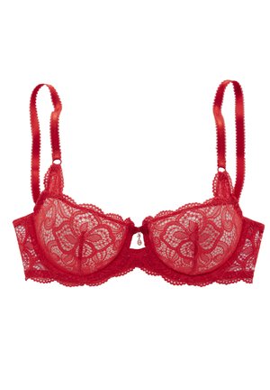 Soutien-gorge en dentelle rouge avec motifs floraux, soutien-gorge baleiné, bretelles ajustables et un petit accent en perle au centre avant.
