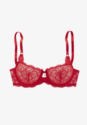 Rode kanten beha met bloemenpatronen, onder draad ondersteuning, verstelbare bandjes en een kleine parelaccent aan de voorkant.