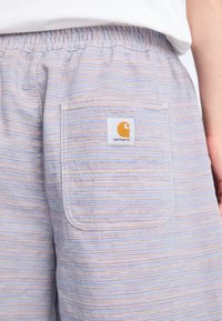 Striped lightweight shorts in pastel colors with an elastic waistband, featuring a square pocket and a Carhartt logo patch.