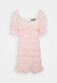 Abito a scacchi rosa con maniche a sbuffo, corpino arricciato e orlo increspato. Realizzato in tessuto leggero con un motivo a quadri.