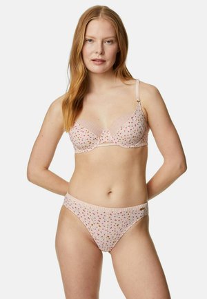 Bra and brief set in soft pink fabric with a floral pattern. Features adjustable straps, a lace trim, and elastic waistband on the brief.