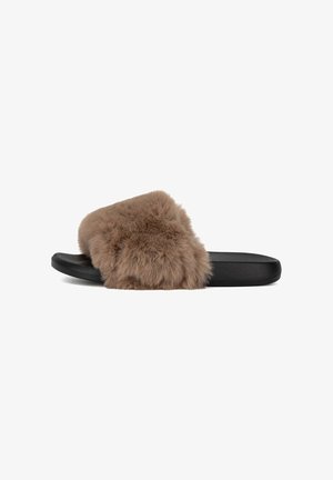 Faux fur slide sandals with a brown soft textured upper and black rubber sole, featuring a wide band design for easy slip-on wear.