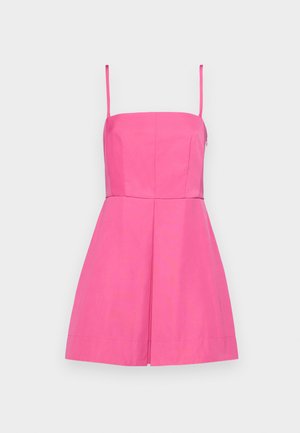 Rochie roz fără mâneci, cu un corset ajustat și fustă pliată. Fabricată dintr-un material neted, cu un fermoar ascuns pe lateral și detalii de cusătură minime.