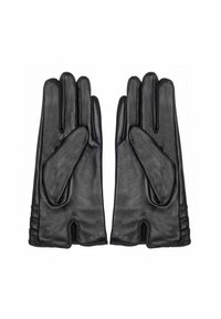 Czarne skórzane rękawiczki o gładkiej fakturze, z rozdzielonym wzorem przy nadgarstku i dyskretnymi detalami w szwie dla wyszukanego wykończenia.